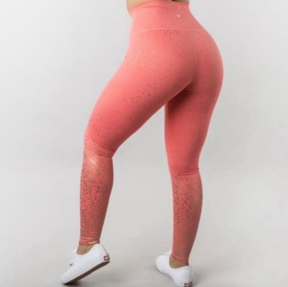 BuffBunny Coral Pink Gold Shimmer Metallic Speckled Leggings High Rise Sz M